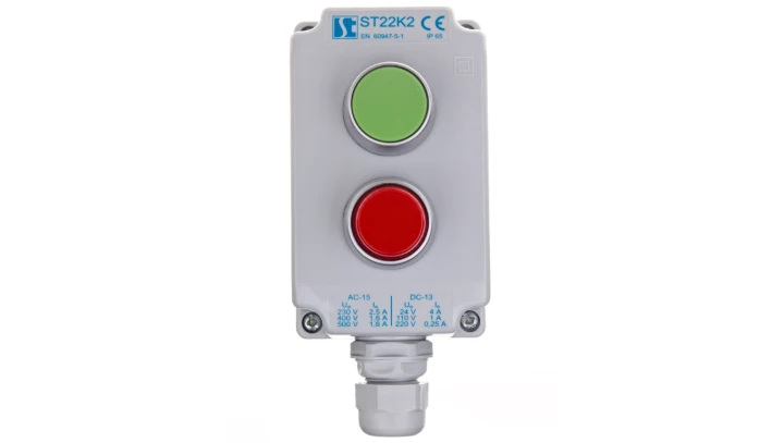 Kaseta sterownicza 2-otworowa zielony/czerwony 1Z 1R szara IP65 2x dławnica szara M20 ST22K2\02-2