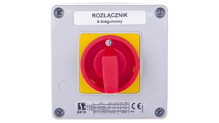 Łącznik krzywkowy 0-1 10A 4P w obudowie żółto-czerwony SK10-2.8210OB12ZC