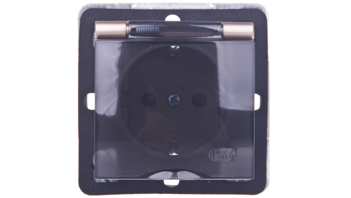 IMPRESJA Gniazdo bryzgoszczelne z/u Schuko IP44 z przesłonami klapka przezroczysta złoty metalik GPH-1YSP/m/28/d