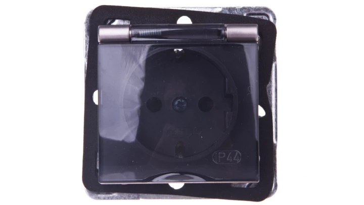 IMPRESJA Gniazdo bryzgoszczelne z/u Schuko IP44 klapka przezroczysta tytan GPH-1YS/m/23/d