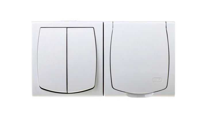 MADERA Łącznik hermetyczny świecznikowy + gniazdo hermetyczne pojedyncze z/u z klapką biały ZH-NŁ2G/00/w