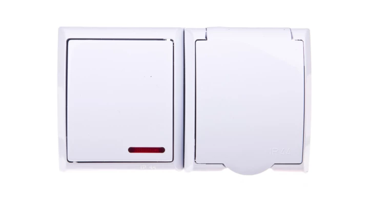 FALA Łącznik hermetyczny pojedynczy z podświetleniem LED + gniazdo hermetyczne pojedyncze z/u z klapką białe ZH-Ł1SG/00/w