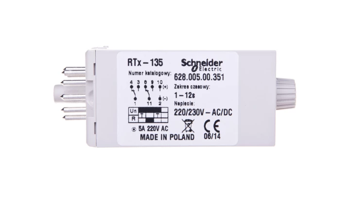 Przekaźnik czasowy jednofunkcyjny 2P 5A 1-12sek 220-230V AC/DC praca cykliczna RTX-135 220/230 12SEK 2002681