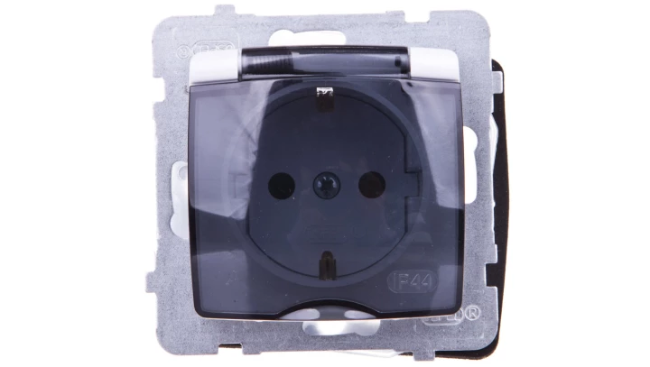 KARO Gniazdo bryzgoszczelne z/u Schuko IP44 z przesłonami klapka przezroczysta białe GPH-1SSP/m/00/d