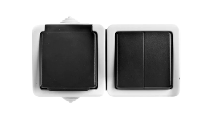 TEKNO Łącznik świecznikowy + gniazdo z ochroną styków śrubowe 10AX/16A 250V szare IP54 25359