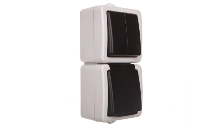 TEKNO Łącznik świecznikowy + gniazdo pionowe z ochroną styków śrubowe 10AX/16A 250V szare IP54 25362