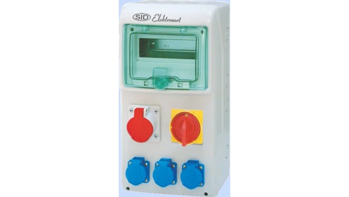 Rozdzielnica RSS-02 z rozłącznikiem 0-1 63A okienko 8 modułów okablowana 1x16A 3P+N+Z 400V, 3x16A 2P+Z 250V IP44 942027