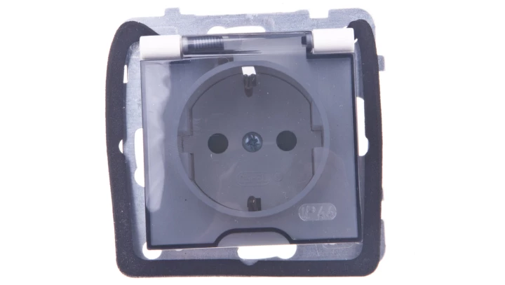 AS Gniazdo bryzgoszczelne z/u Schuko IP44 z przesłonami klapka przezroczysta ecru GPH-1GSP/m/27/d