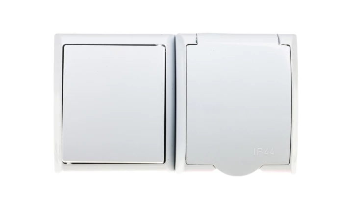 FALA Łącznik hermetyczny pojedynczy + gniazdo z/u Schuko z klapką białe ZH-Ł1GS/00/w