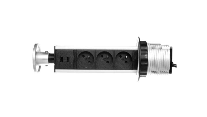 Gniazdo meblowe fi10cm, 3x250V AC wysuwane z blatu z przewodem 1,8m inox OR-AE-1352