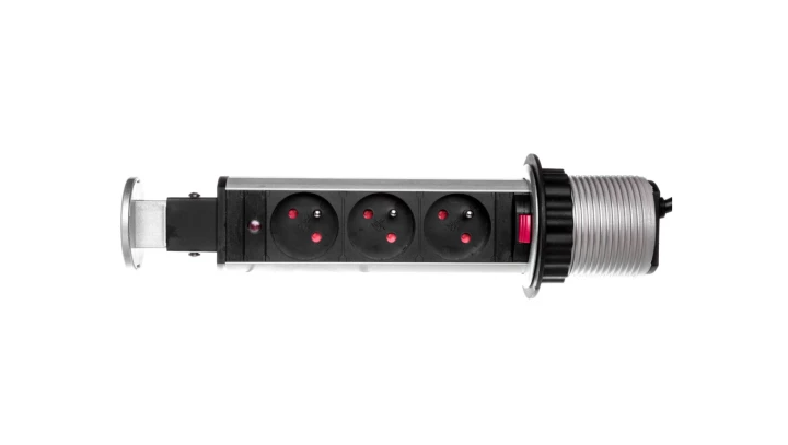 Gniazdo meblowe fi6cm, 3x250V AC wysuwane z blatu z blokadą i przewodem 1,8m srebrne OR-AE-1347