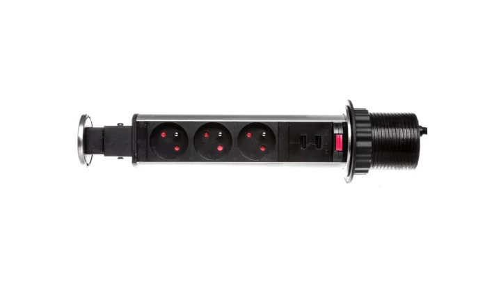 Gniazdo meblowe fi6cm, 3x250V AC wysuwane z blatu z ładowarką USB, blokadą i przewodem 1,8m INOX OR-AE-1350