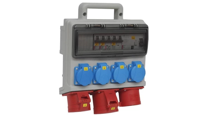 Rozdzielnica budowlana elCASE W32-1104 IP44, wtyk tablicowy CEE 32A-5P, gniazda: 4x GK 230V 16A, 1x CEE 16A, 1x CEE 32A, RCCB