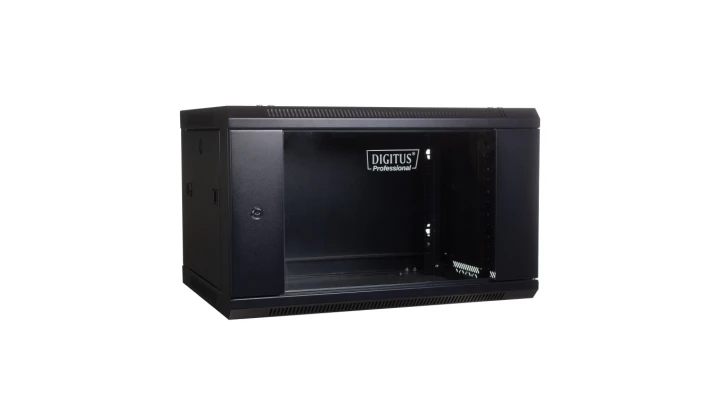 Szafa wisząca jednosekcyjna 19 cali 6U 368/600/450mm drzwi szklane czarna (RAL 9004) niezmontowana DN-WU19 06U/450/B
