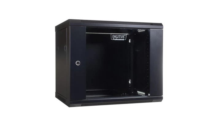 Szafa wisząca jednosekcyjna 19 cali 9U 501/600/450mm drzwi szklane czarna (RAL 9004) niezmontowan cali DN-WU19 09U/450/B
