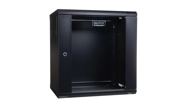 Szafa wisząca jednosekcyjna 19 cali 12U 635/600/450mm drzwi szklane czarna (RAL 9004) niezmontowana DN-WU19 12U/450/B