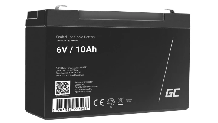 Green Cell AGM VRLA 6V 10Ah bezobsługowy akumulator do systemu alarmowego, kasy fiskalnej, zabawki