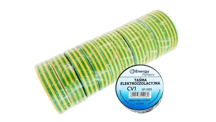 Taśma elektroizolacyjna PCW (zestaw 10 rolek 19mm x 20m x 0.13mm) żółto-zielona