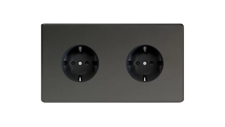 Gniazdo wtyczkowe podwójne z uziemieniem typu Schuko - kolor czarne irydium + kołnierz wewnętrzny czarny METG1S.2I-B-DD