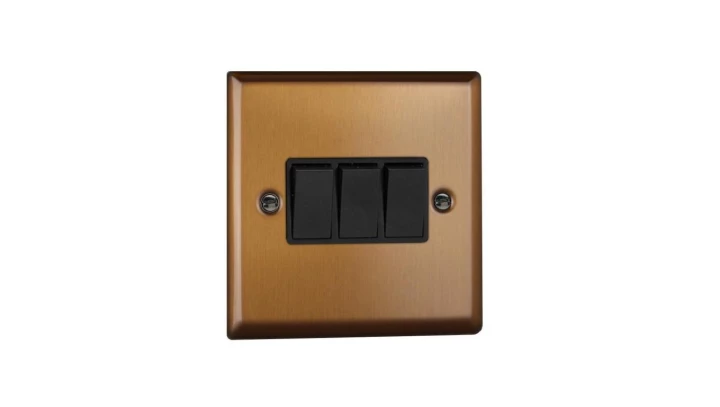 Łącznik uniwersalny schodowy potrójny 10A 230V klawiszowy 91x91x25mm - kolor miedź M-E3SM