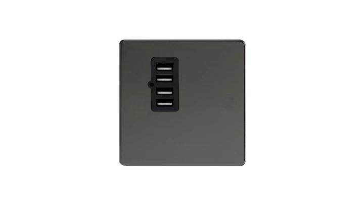 Ładowarka USB poczwórna 5V 4,8A, 86x86mm, kolor czarne irydium + moduł czarny MET4XUSBCHARGI-B