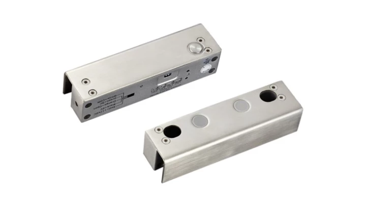 Elektrozamek trzpieniowy rewersyjny do witryn szklanych siła trzymania 1000 kg, sygnalizacja dioda LED, zwłoka czasowa, 12V DC