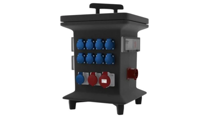 Rozdzielnica budowlana KIB-S/FI 2x32A 2x16A 2xCamp 16x230V odbiornikowe 32A 3 fazowy woltomierz Schuko 0885