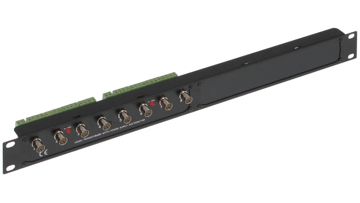 Transformator do przesyłania 8 sygnałów wideo + zasilanie AHD, HD-CVI, HD-TVI, CVBS, 4K UHD po skrętce, Rack 19” TR-8H/DC/R19