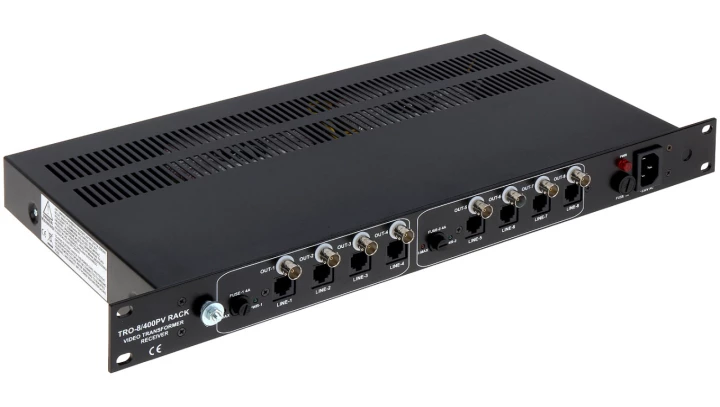 Aktywny odbiornik do przesyłania 8 sygnałów wideo + zasilanie po skrętce, AHD, HD-CVI, HD-TVI, CVBS, 4K UHD Rack 19” TRO-8/400PV