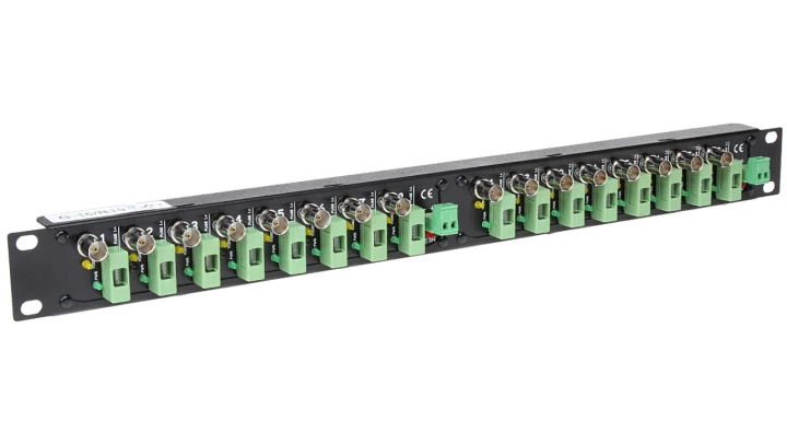 Gniazdo dystrybucyjne 2x8x BNC video 16x DC zasilanie 1A/250V, 5/20mm, zwłoczne G-16/R19 Rack 19”