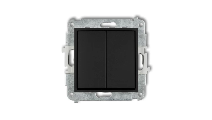 MINI Mechanizm łącznika jednobiegunowego ze schodowym (dwa klawisze bez piktogramów, osobne zasilanie) czarny mat 12MWP-10.21
