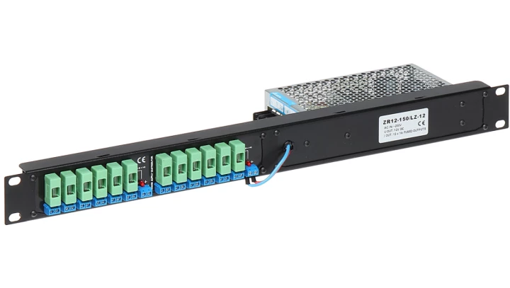 Wysokiej jakości 12-kanałowy profesjonalny zasilacz impulsowy z regulacją, 12V 12,5A 150W, Rack 19” 1U, ZR12-150/LZ-12