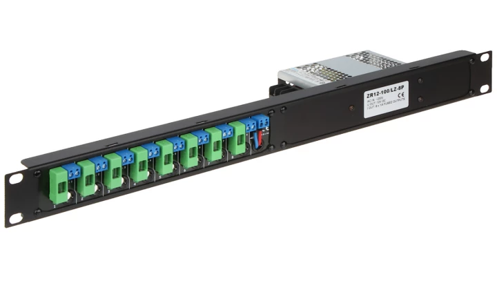 Wysokiej jakości 8-kanałowy profesjonalny zasilacz impulsowy z regulacją, 12V 8,5A 100W, Rack 19” 1U ZR12-100/LZ-8P