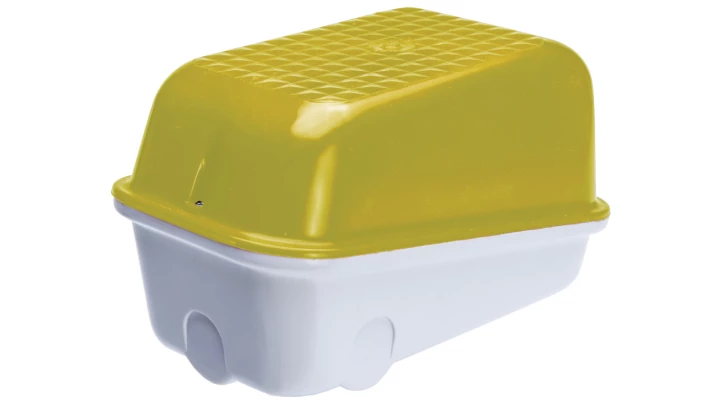 Oprawa SKOŚNA-7041S, E27, 60W, biała-bakelit, klosz żółty-poliwęglan, IP54, IK10, oprawa sygnalizacyjna A1300-P3
