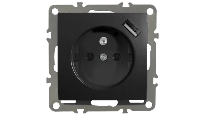 QUADRA GNIAZDKO Z BOLCEM, USB CZARNE DO RAMEK 230V