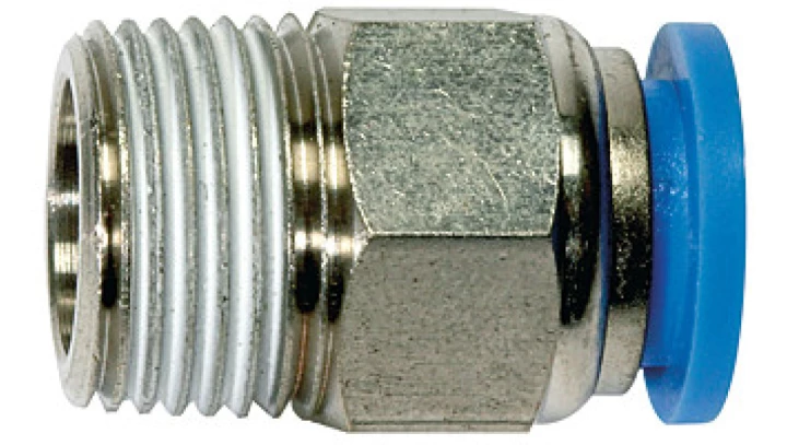 Złączka wtykowa prosta mosiężna niklowana do węża 10, gwint zewnętrzny stożkowy R1/2z, 123.012-10