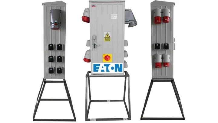 Rozdzielnica elektryczna budowlana na stojaku (8x2P+Z, 2x16A/5P, 2x32A/5P, 1x63A/5P) + rozłącznik, RB40x80-K160-01228Z-P0-R