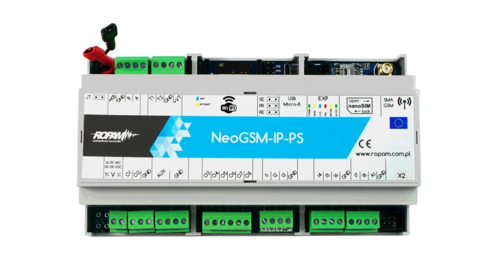 Centrala alarmowa NeoGSM-IP-PS-D9M, GSM + WIFI, 2 strefy, 8-32 wejść, 8-24 wyjść, 17-20VAC,