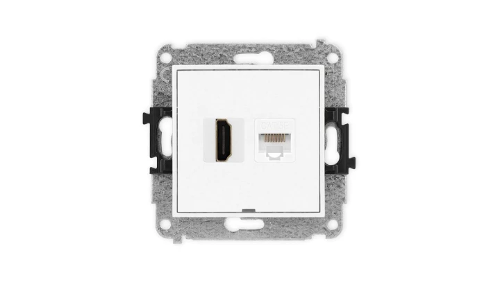 ICON Mechanizm gniazda pojedynczego HDMI 2.0 + gniazda komp. poj. 1xRJ45, kat. 5e, 8-styk, bez pola opisowego biały mat 25IGHKBO