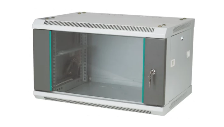 Szafa rack wisząca 19 cali 6U 600x600, niedzielona, drzwi szklane, kolor szary