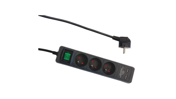Przedłużacz 3-gniazdowy, +2xUSB 2,4A 1,4m grafit, łącznik, 3x1,0mm OWY / 34108