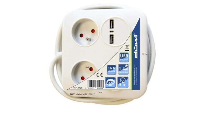 Przedłużacz Power Square 3gniazda+2USB (2,4A-12W) 1,4m 3x1,0mm OWY, biały / 34105