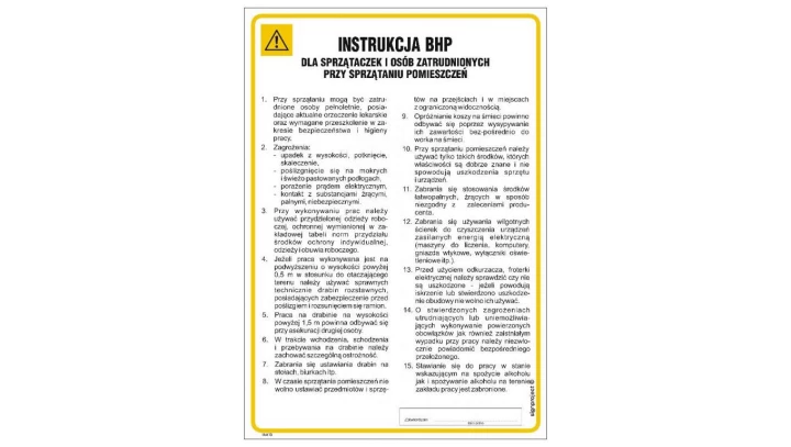 ZNAK - IAA13 Instrukcja BHP dla sprzątaczek i osób zatrudnionych przy sprzątaniu 24,5 x 35 cm FN - Folia samoprzylepna