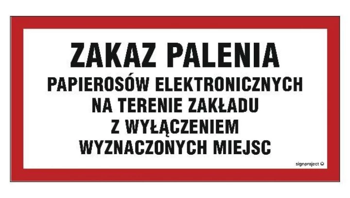 ZNAK - NC097 Zakaz palenia papierosów elektronicznych na terenie zakładu z wyłączeniem wyznaczonych miejsc 30 x 15 cm PN - Płyta