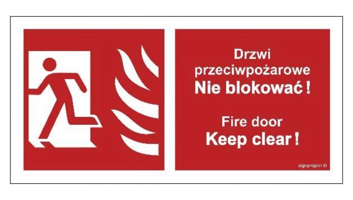 ZNAK - BC050 Drzwi przeciwpożarowe, Nie blokować ! Fire door, Keep clear ! lewostronne 20 x 10 cm FS - Folia samoprzylepna foto.