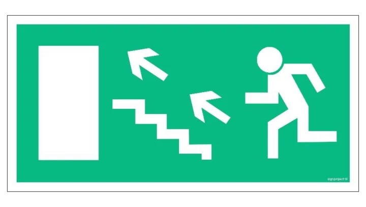 ZNAK - AC019 Wyjście ewakuacyjne w lewo schodami w górę 30 x 15 cm KS - Folia podłogowa foto.