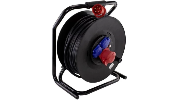 Przedłużacz siłowy zwijany na bębnie Rozgałęźnik budowlany na 1 gniazdo siłowe 5p 400V 16A + 2 gniazda 2P+Z 230V 16A IP44 na kab