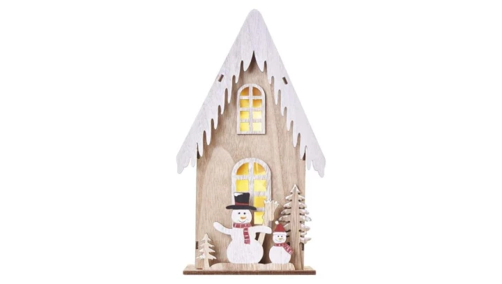 Dekoracje - 3 LED drewniany domek z bałwankami, 28 cm, 2x AA, ciepła biel, IP20, timer DCWW18