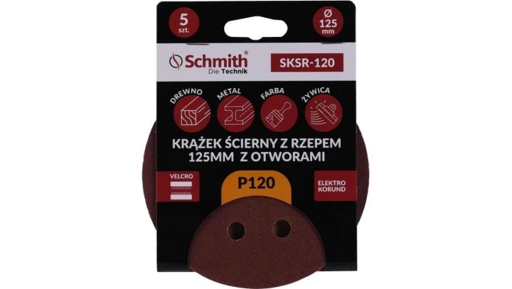Papier ścierny krążki na rzep z otworami 125mm P120 zestaw 5szt Schmith