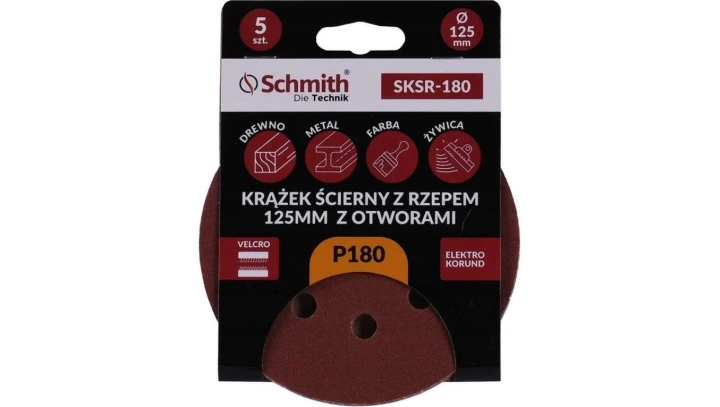 Papier ścierny krążki na rzep z otworami 125mm P180 zestaw 5szt Schmith